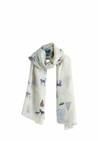 Lightweight, cream scarf featuring a pattern of deer, foxes, and trees in soft blues and browns. Material has a smooth texture with subtle sheen.