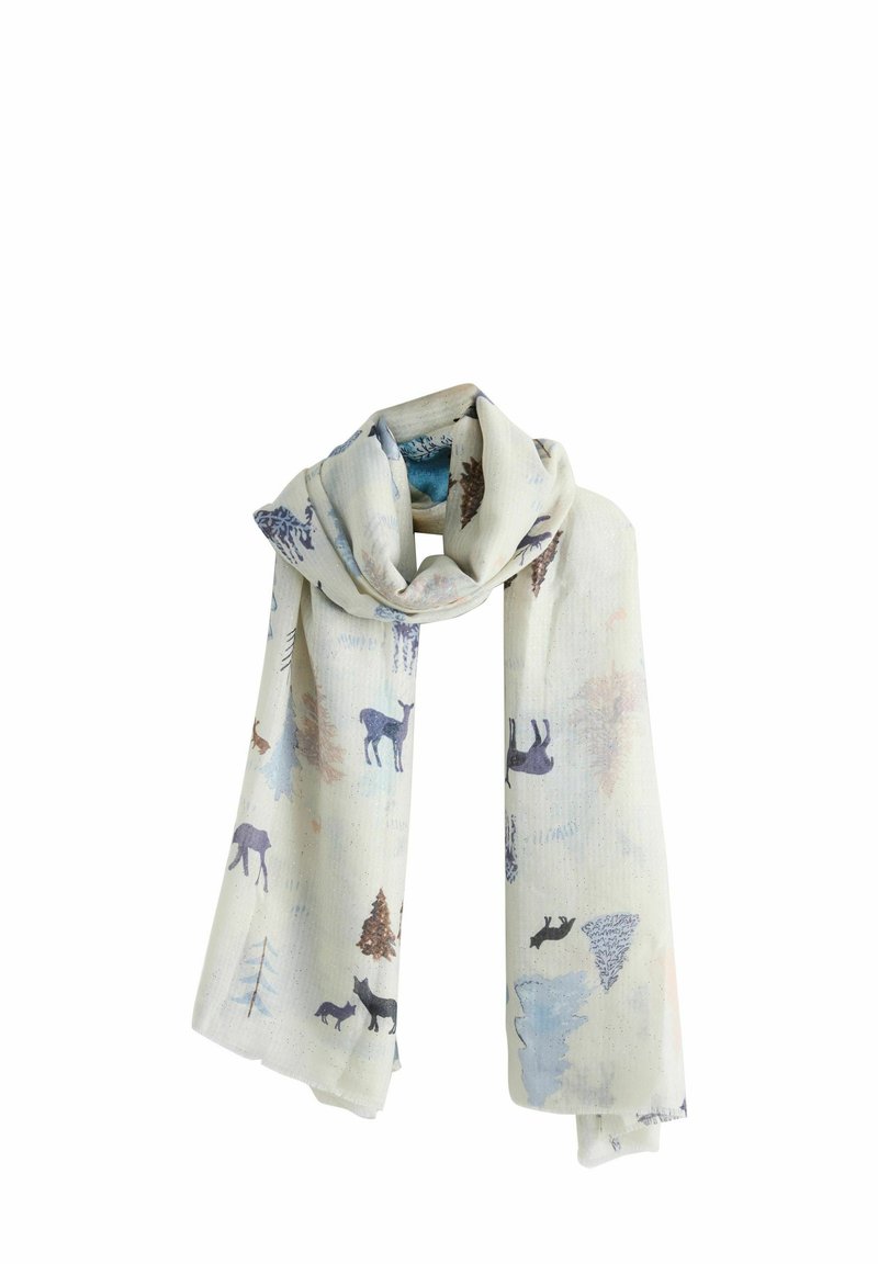 Lightweight, cream scarf featuring a pattern of deer, foxes, and trees in soft blues and browns. Material has a smooth texture with subtle sheen.
