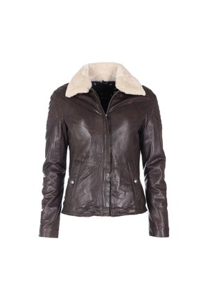 Braune Lederjacke mit einem cremefarbenen Kunstfellkragen, taillierter Schnitt, Reißverschluss und zwei vorderen Taschen. Texturierte Schulterakzente.