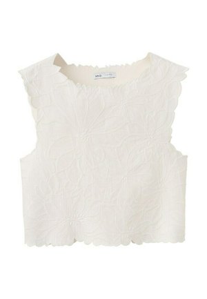 Witte mouwloze crop top met gestructureerde bloemrijke borduursels en gegolfde randen rond de halslijn en zoom.