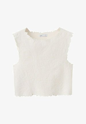 Witte mouwloze crop top met gestructureerde bloemrijke borduursels en gegolfde randen rond de halslijn en zoom.