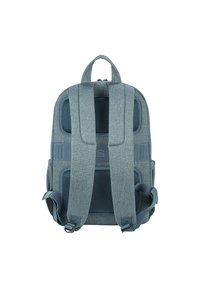 Zaino in tessuto grigio con retro in rete imbottita, spallacci regolabili e maniglia superiore. Presenta un design elegante e diversi scomparti per la gestione dello spazio.