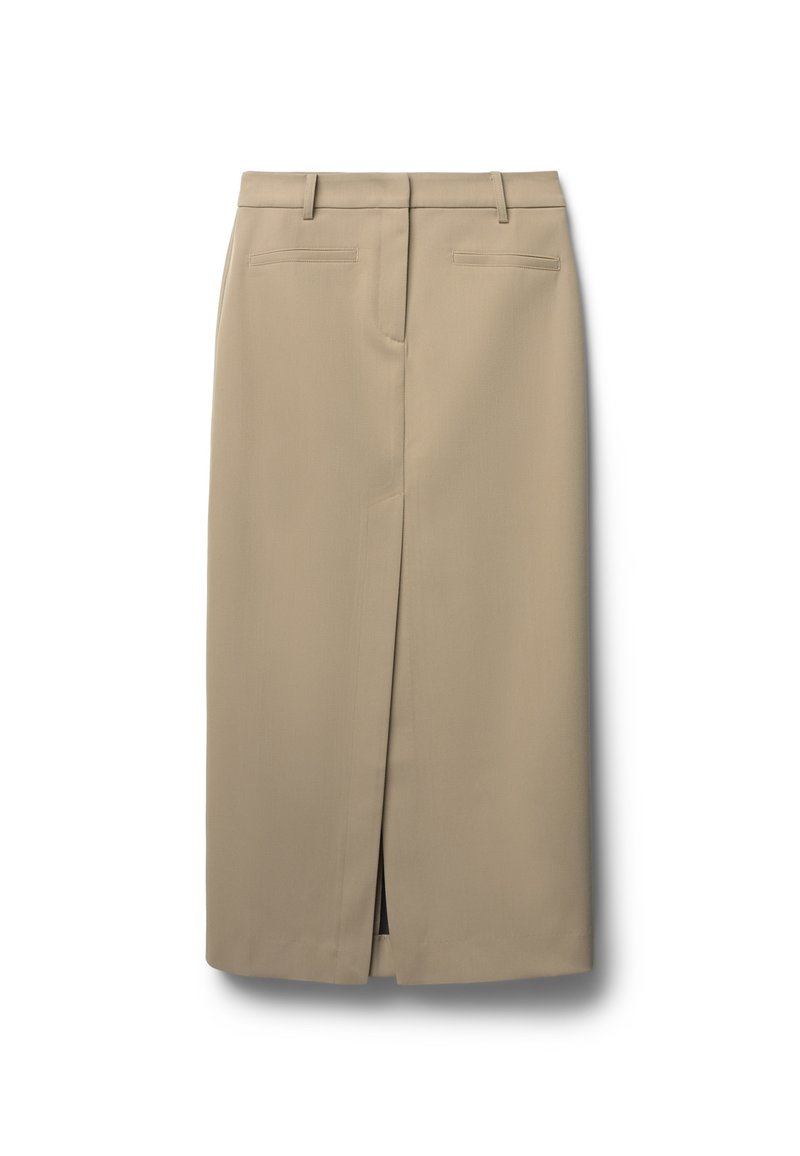 Gonna beige, lunga fino al ginocchio, realizzata in un tessuto liscio e lavorato. Presenta uno spacco posteriore, due tasche posteriori e una vita sagomata.