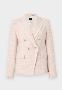 Blazer em tweed rosa claro com um design de duplo botões, lapelas recortadas, dois bolsos frontais e botões em tom de ouro. Tecido suave e texturizado.
