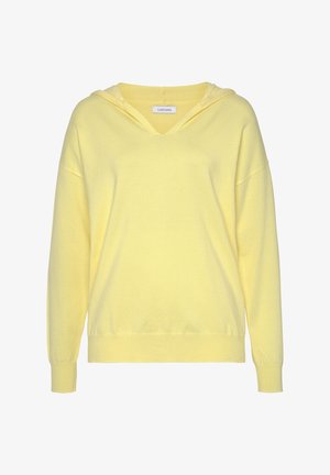 Gelbes Hoodie mit V-Ausschnitt und angenähter Kapuze. Aus weichem Material gefertigt, hat es überschnittene Schultern und gerippte Bündchen. Einfaches, ungeschmücktes Design.