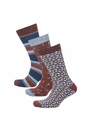 Drei Paar knielange Socken mit geometrischen, gestreiften und abstrakten Mustern in Blau-, Bordeaux- und Grautönen, nebeneinander dargestellt.