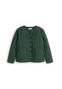 Giacca verde trapuntata con scollatura tonda, chiusura a bottoni e due tasche frontali. Presenta motivi di cuciture orizzontali e diagonali.