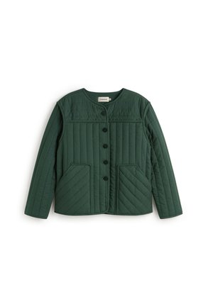 Gepatchte grüne Jacke mit Rundhalsausschnitt, Knopfverschluss und zwei vorderen Taschen. Verfügt über horizontale und diagonale Nahtmuster.