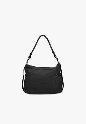 Zwarte, zachte stoffen schoudertas met verstelbare koordriem, zijvakken en subtiel geperst "GMV"-logo in het midden aan de voorkant.