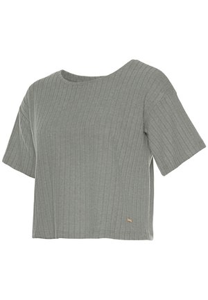 Szary, prążkowany top z krótkim rękawem i okrągłym dekoltem, z małym logo i teksturowaną tkaniną dla dodatkowego efektu.
