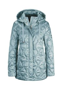 Hellblaues, gesteppter Pufferjacke mit Kapuze, ausgestattet mit Zugbändern, metallischem Reißverschluss und Seitentaschen. Strukturiert Oberfläche mit Glanz.