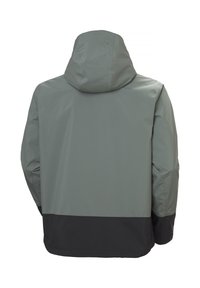 Vodaodolná bunda šedé barvy s černým spodkem. Má kapuci, dlouhé rukávy a hladký povrch. Čistý design bez dalších akcent�ů.