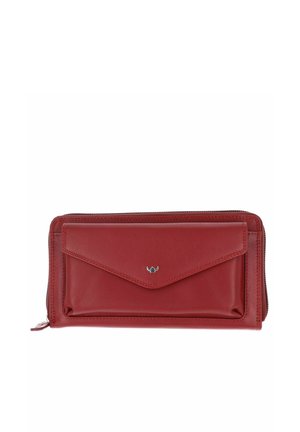 Portefeuille en cuir rouge avec fermeture éclair tout autour, poche avant de style enveloppe et petit emblème argenté centré sur le rabat.