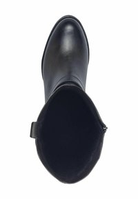 Botte noire en cuir à chevilles avec une finition lisse, un bout arrondi, une fermeture éclair à l'intérieur et un accent en boucle à l'arrière pour un enfilage facile.