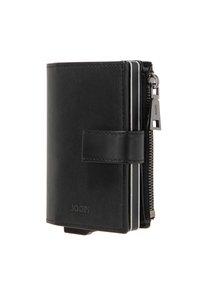 Portafoglio in pelle nera con scomparto con cerniera, chiusura a scatto e tasche per carte. Presenta una texture liscia e un logo del brand in rilievo discreto.