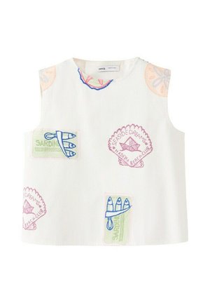 Weißes ärmelloses Top mit bunten gestickten Aufnähern von Sardinenbüchsen, Muscheln und Zitrusscheiben, beschriftet mit "Seaside Dreams Madeira Beach Club."