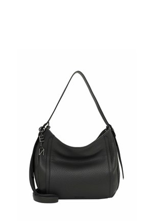 Black leather handbag with a hobo shape, textured surface, a single shoulder strap, and a detachable chain accent with a logo tag.