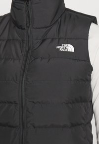Černá prošívaná bezrukávová vesta s předním zipem a bílým logem "The North Face" na hrudi, oblečená přes světlou dlouhou rukávovou košili.