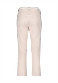 Pantalons en coton beige clair avec coupe droite, dotés de poches arrière et d'une taille blanche. Texture lisse, sans motifs visibles.