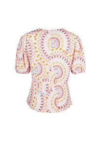 Blusa a maniche corte in un tessuto leggero con un motivo floreale rosa, arancione e giallo. Presenta un colletto rotondo e maniche leggermente arricciate.