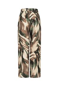 Bukser med brede ben laget av lett stoff, med et abstrakt mønster i brunt, grønt og krem. Glatt tekstur med elastisk midje.