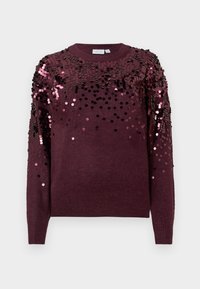 Vinröd tröja med ribbad rund halsringning och dekorerad med olika storlekar av rosa och svarta paljetter över axlarna.