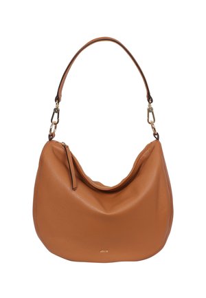 Tasche aus braunem Leder mit lässigem Design, einem einzelnen Schulterriemen, goldfarbenen Beschlägen und einem Reißverschlussdetail. Glatte Textur.