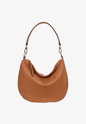 Tan leather handbag with a slouchy design, a single shoulder strap, gold-tone hardware, and a zippered pocket detail. Smooth texture.