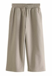 Grau, weite Shorts aus weichem, glattem Stoff. Besteht aus einem elastischen Bund mit Kordelzug und seitlichen Taschen. Klassisches Design.