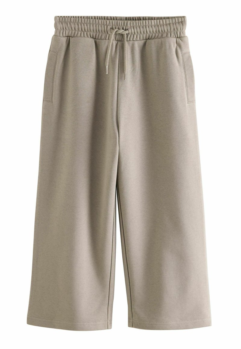 Șorturi largi, gri, confecționate dintr-un material moale și neted. Prezintă un waistband elastic cu șnur și buzunare laterale. Design clasic.
