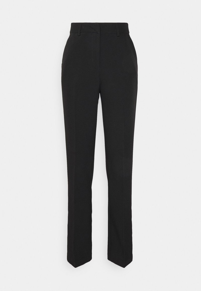 Pantalons noirs ajustés en tissu lisse, avec une coupe droite, des passants de ceinture, et sans embellissements ni motifs visibles.