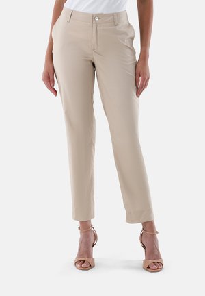Beige trousers with a tailored fit, front pockets, and a single button closure. Smooth fabric with a slight sheen. Paired with beige heels.
