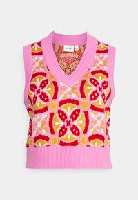 Virkat ärmless tröja med djup V-ringning, prydd med ett mönster av ljusrosa, röd och gul blomma samt ribbad avslutning i botten.
