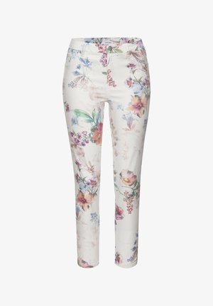 Hose aus weißem Stoff mit Blumenmuster. Bietet farbenfrohe Blumenmuster und eine weiche Textur. Schmaler Schnitt mit normaler Taille und seitlichen Taschen.