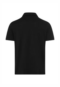 Sort kortærmet polo-shirt med krave, lavet af glat bomuldsstof; minimalistisk design uden synlige logoer eller mønstre.