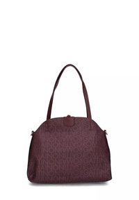 Borsa bordeaux con forma strutturata, caratterizzata da un motivo a logo, doppi manici e una chiusura superiore. Il materiale sembra liscio e resistente.