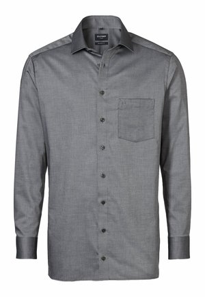 Graues Langarm-Hemd mit Knöpfen und einer Tasche, aus strukturiertem Stoff; verfügt über einen klassischen Kragen und schwarze Knöpfe.