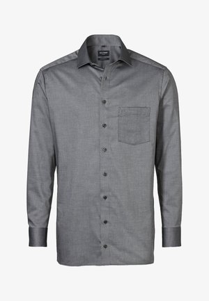 Graues Langarm-Hemd mit Knöpfen und einer Tasche, aus strukturiertem Stoff; verfügt über einen klassischen Kragen und schwarze Knöpfe.