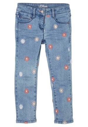 Hellblaue Jeans aus Denim mit floraler Stickerei in Rot, Pink und Weiß. Verfügt über ein klassisches Fünf-Taschen-Design und einen Knopfverschluss.