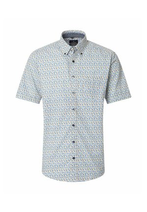 Overhemd met korte mouwen en knopen, met een klein blauw en beige bloemmotief op een witte achtergrond, voorzien van een kraag met knoopsluiting en een borstzak.