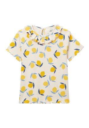 T-shirt crème à manches courtes pour tout-petit avec col volanté, motif citron jaune et bleu, et ourlets à bords frisés aux manches et en bas.