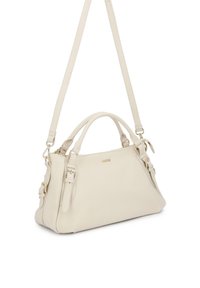 Μπεζ δερμάτινη τσάντα χειρός με διπλές λαβές, ρυθμιζόμενο ιμάντα χιαστί και χρυσούς μεταλλικούς λεπτομέρειες. Λείο υλικό, μινιμαλιστικός σχεδιασμός και φερμουάρ κλεισίματος.