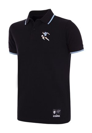 Zwart polo shirt met een blauw gestreepte kraag. Bevat een geborduurd figuur met een voetbal en een merketiket aan de zoom.