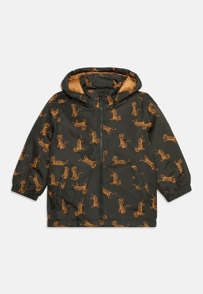 Veste à capuche enfant vert foncé avec motif tigre orange et fermeture éclair frontale.