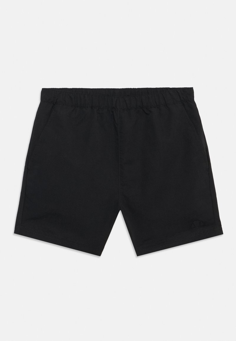 Shorts décontractés noirs avec taille élastique et poches latérales, ornés d'un petit logo sur la partie inférieure de la jambe droite.