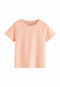Pfirsichfarbene, kurzärmlige T-Shirt aus weichem Baumwollstoff. Verfügt über einen runden Halsausschnitt und ein schlichtes, unauffälliges Design.