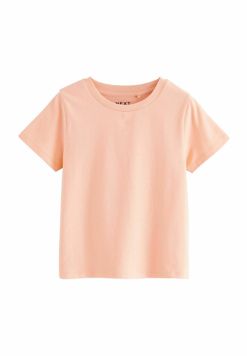 Pfirsichfarbene, kurzärmlige T-Shirt aus weichem Baumwollstoff. Verfügt über einen runden Halsausschnitt und ein schlichtes, unauffälliges Design.