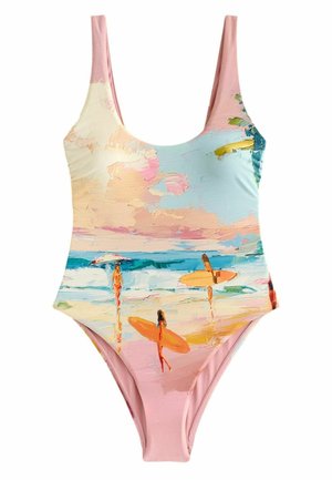 Einteiliger Badeanzug mit pastellfarbenem Strandmotiv, das drei Surfer zeigt, die Bretter an einem sandigen Ufer unter einem bunten Himmel tragen.