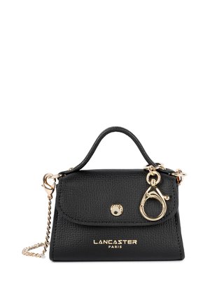 Black leather handbag with a structured design, gold hardware, and a detachable chain strap. Features a front flap and embossed logo.