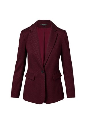 Burgunderfarbener Blazer aus strukturiertem Stoff mit Revers, einem Knopfverschluss und zwei Fronttaschen. Innenfutter in passender Farbe.